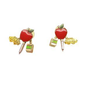 Vintage School-Themed Earrings Apple & School Bus Design With Math Book Gold-Ton
